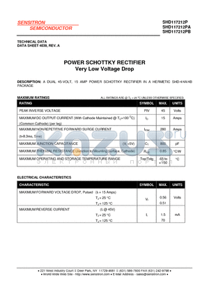 SHD117212PB datasheet - POWER SCHOTTKY RECTIFIER Very Low Voltage Drop