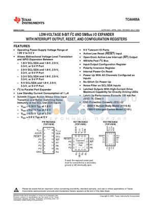 TCA6408ARGTR datasheet - LOW-VOLTAGE 8-BIT I2C AND SMBus I/O EXPANDER WITH INTERRUPT OUTPUT, RESET, AND CONFIGURATION REGISTERS