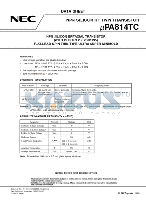 UPA814TC datasheet - NPN SILICON EPITAXIAL TRANSISTOR WITH BUILT-IN 2 x 2SC5195 FLAT-LEAD 6-PIN THIN-TYPE ULTRA SUPER MINIMOLD