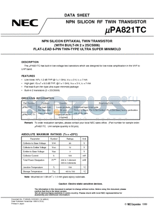 UPA821 datasheet - NPN SILICON EPITAXIAL TWIN TRANSISTOR WITH BUILT-IN 2 x 2SC5006 FLAT-LEAD 6-PIN THIN-TYPE ULTRA SUPER MINIMOLD