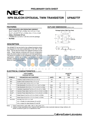 UPA827TF datasheet - NPN SILICON EPITAXIAL TWIN TRANSISTOR