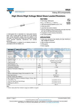 VR25000001503JA100 datasheet - High Ohmic/High Voltage Metal Glaze Leaded Resistors