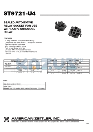 ST9721-U4 datasheet - SEALED AUTOMOTIVE RELAY SOCKET FOR USE WITH AZ973 SHROUDED RELAY