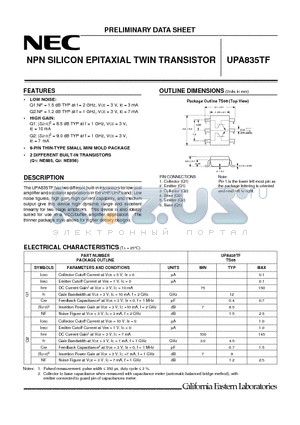 UPA835TF datasheet - NPN SILICON EPITAXIAL TWIN TRANSISTOR