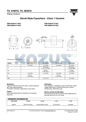 TOS016010 datasheet - Barrel-Style Capacitors - Class 1 Ceramic