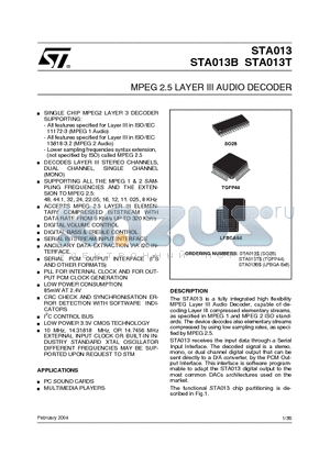 STA013 datasheet - MPEG 2.5 LAYER III AUDIO DECODER