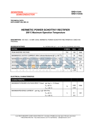 SHD117244A datasheet - HERMETIC POWER SCHOTTKY RECTIFIER