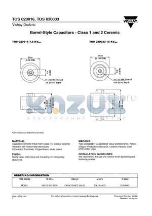 TOS020016 datasheet - Barrel-Style Capacitors - Class 1 and 2 Ceramic