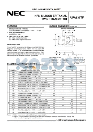 UPA837TF datasheet - NPN SILICON EPITAXIAL TWIN TRANSISTOR