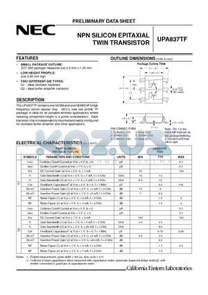 UPA837TF-T1 datasheet - NPN SILICON EPITAXIAL TWIN TRANSISTOR