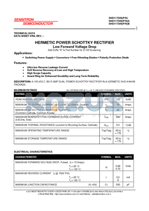 SHD117245N datasheet - HERMETIC POWER SCHOTTKY RECTIFIER Low Forward Voltage Drop