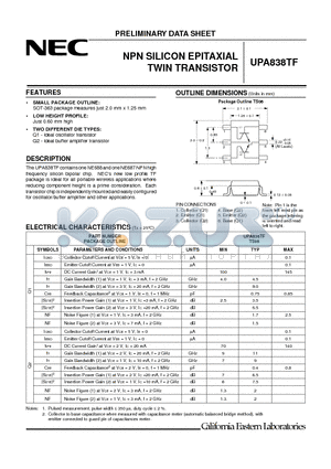UPA838TF-T1 datasheet - NPN SILICON EPITAXIAL TWIN TRANSISTOR