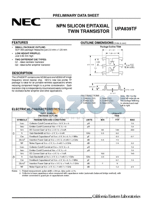 UPA839TF-T1 datasheet - NPN SILICON EPITAXIAL TWIN TRANSISTOR