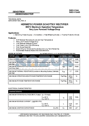 SHD117246B datasheet - HERMETIC POWER SCHOTTKY RECTIFIER 200C Maximum Operation Temperature