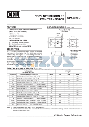 UPA862TD datasheet - NPN SILICON RF TWIN TRANSISTOR