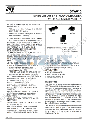 STA015T datasheet - MPEG 2.5 LAYER III AUDIO DECODER WITH ADPCM CAPABILITY