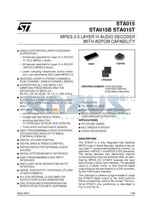 STA015_04 datasheet - MPEG 2.5 LAYER III AUDIO DECODER WITH ADPCM CAPABILITY