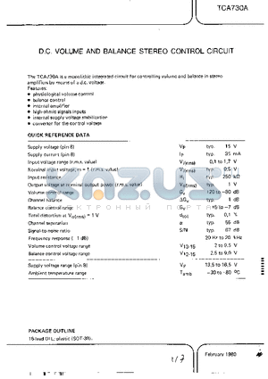 TCA730A datasheet - D.C. VOLUME AND BALANCE STEREO CONTROL CIRCUIT