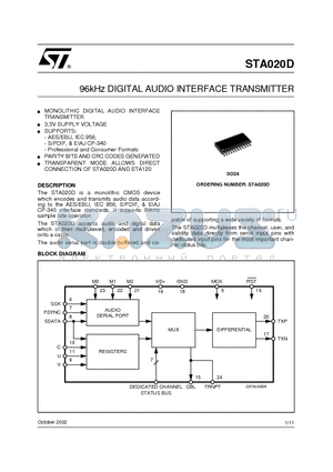 STA020D_02 datasheet - 96kHz DIGITAL AUDIO INTERFACE TRANSMITTER