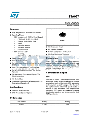 STA027 datasheet - SBC CODEC