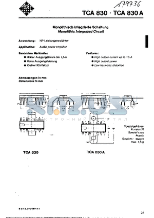 TCA830 datasheet - MONOLITHISH INTEGRIERTE SCHALTUNG MONOLITHIC INTEGRATED CIRCUIT