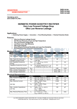 SHD118136A datasheet - HERMETIC POWER SCHOTTKY RECTIFIER