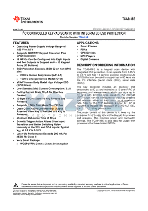 TCA8418E datasheet - I2C CONTROLLED KEYPAD SCAN IC WITH INTEGRATED ESD PROTECTION