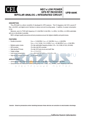 UPB1009K-E1 datasheet - NECs LOW POWER GPS RF RECEIVER BIPOLAR ANALOG  INTEGRATED CIRCUIT