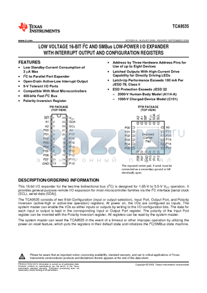 TCA9535 datasheet - LOW VOLTAGE 16-BIT I2C AND SMBus LOW-POWER I/O EXPANDER WITH INTERRUPT OUTPUT AND CONFIGURATION REGISTERS