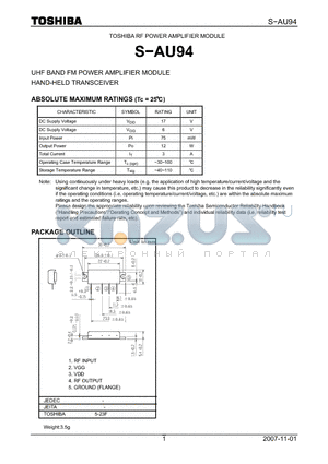 S-AU94 datasheet - RF POWER AMPLIFIER MODULE UHF BAND FM POWER AMPLIFIER MODULE HAND-HELD TRANSCEIVER