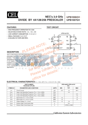 UPB1507GV datasheet - NEC 3.0 GHz DIVIDE BY 64/128/256 PRESCALER