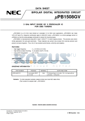 UPB1508GV datasheet - 3 GHz INPUT DIVIDE BY 2 PRESCALER IC FOR DBS TUNERS