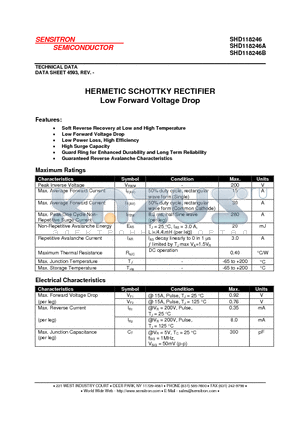 SHD118246A datasheet - HERMETIC SCHOTTKY RECTIFIER Low Forward Voltage Drop