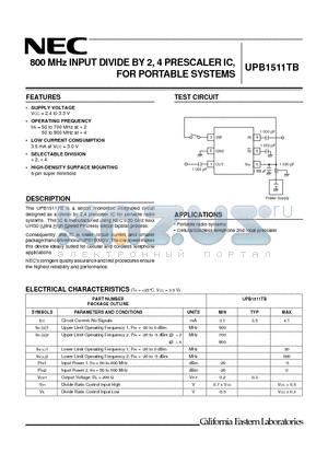 UPB1511TB-E3 datasheet - 800 MHz INPUT DIVIDE BY 2, 4 PRESCALER IC, FOR PORTABLE SYSTEMS