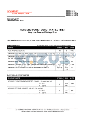 SHD118412PB datasheet - HERMETIC POWER SCHOTTKY RECTIFIER Very Low Forward Voltage Drop