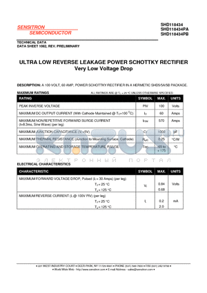 SHD118434PB datasheet - ULTRA LOW REVERSE LEAKAGE POWER SCHOTTKY RECTIFIER Very Low Voltage Drop