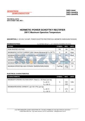 SHD118444 datasheet - HERMETIC POWER SCHOTTKY RECTIFIER