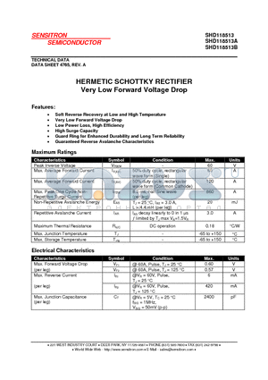 SHD118513B datasheet - HERMETIC SCHOTTKY RECTIFIER Very Low Forward Voltage Drop