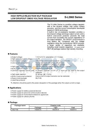 S-L2985A19-H4T1 datasheet - HIGH RIPPLE-REJECTION WLP PACKAGE LOW DROPOUT CMOS VOLTAGE REGULATOR