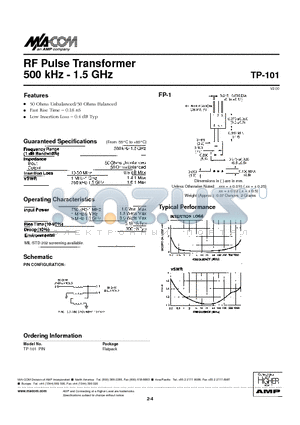 TP-101PIN datasheet - RF Pulse Transformer 500 kHz - 1.5 GHz