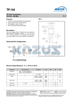 TP-104 datasheet - RF Pulse Transformer, 750 KHz - 400 MHz