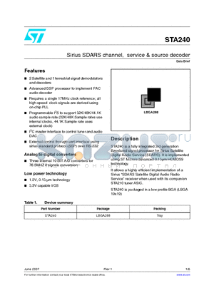 STA240 datasheet - Sirius SDARS channel, service & source decoder