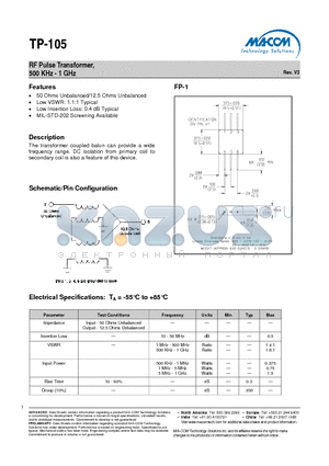 TP-105 datasheet - RF Pulse Transformer, 500 KHz - 1 GHz