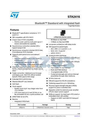 STA2416 datasheet - Bluetooth Baseband with integrated flash