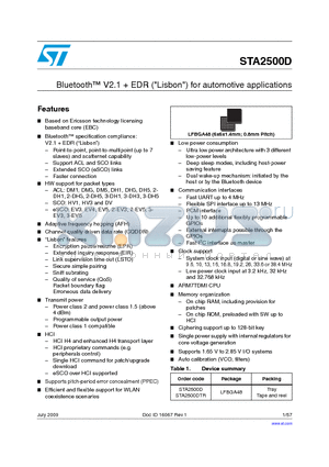 STA2500D datasheet - Bluetooth V2.1  EDR (