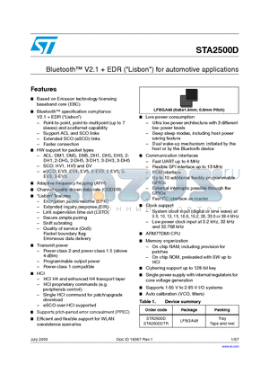 STA2500DTR datasheet - Bluetooth V2.1  EDR (