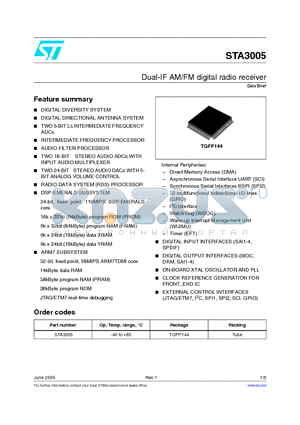 STA3005 datasheet - Dual-IF AM/FM digital radio receiver