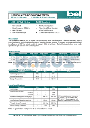 VRAH-01FX50 datasheet - NON-ISOLATED DC/DC CONVERTERS 3.0 Vdc - 5.5 Vdc Input 12 Vdc/0.8 A & 15 Vdc/0.6 A Output