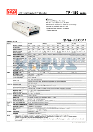 TP-150D datasheet - 150W Triple Output with PFC Function