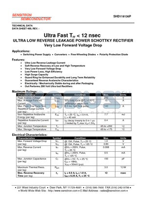 SHD119136P datasheet - ULTRA LOW REVERSE LEAKAGE POWER SCHOTTKY RECTIFIER